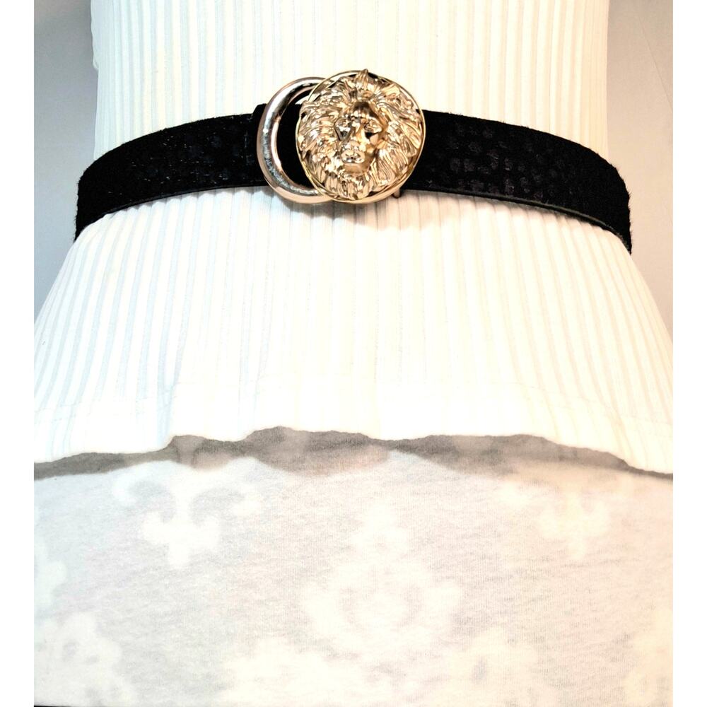 Black Spotted Fuzzy Faux Leather Strap Gold Tone Lion Head Ring Buckle Belt XL